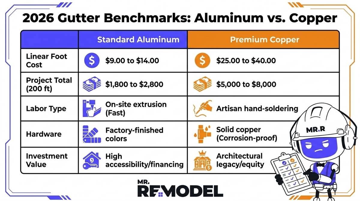 A 2026 gutter comparison table showing aluminum ($9 to $14 per foot) versus premium copper ($25 to $40 per foot) and their respective project totals.